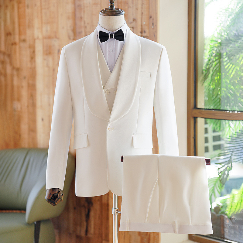 Setelan Jas Pria  Pakaian putih pria tiga potong set host stage performance suit slim fit handsome w
