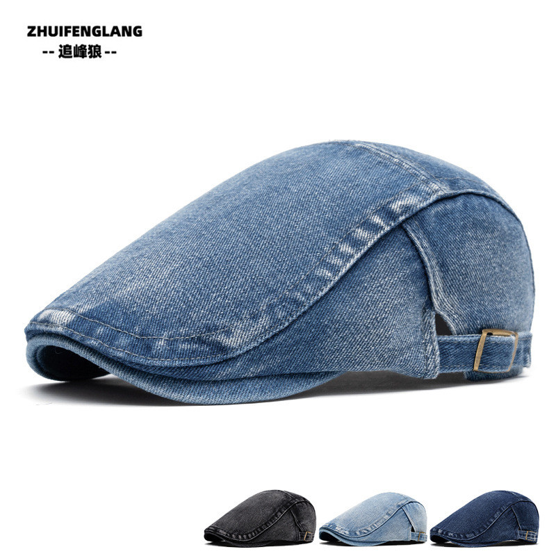 Topi Baret Sutradara Denim Ringan untuk Pria dan Wanita, Vintage Cuci Maju, Newsboy Inggris, Newsboy