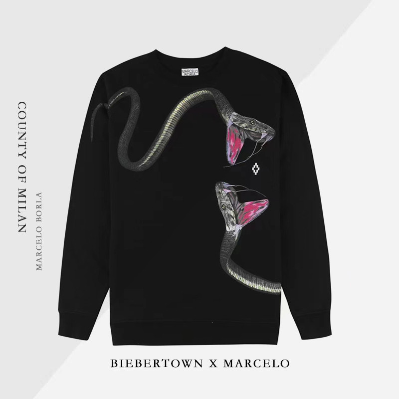 Marcelo Burlon MB wing round neck hoodie dicetak dengan pola ular untuk pria dan wanita