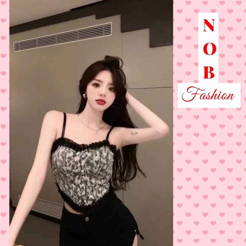 NOB Atasan wanita Vintage Tanktop Corp Vintage gaya korea Blouse tanktop busa variasi renda tali ke