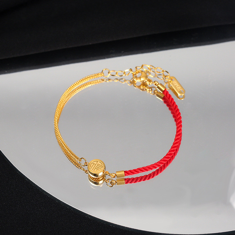 Gelang Keberuntungan Kecil Dua Sisi untuk Wanita Gelang Baja Titanium Mewah Ringan Tali Merah Tahun 