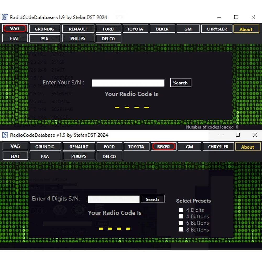 

Kalkulator Database V1.9 Buka Kunci Radio Kode port 22+ Merek Mobil untuk VW/Ford/Audi/Toyota +
