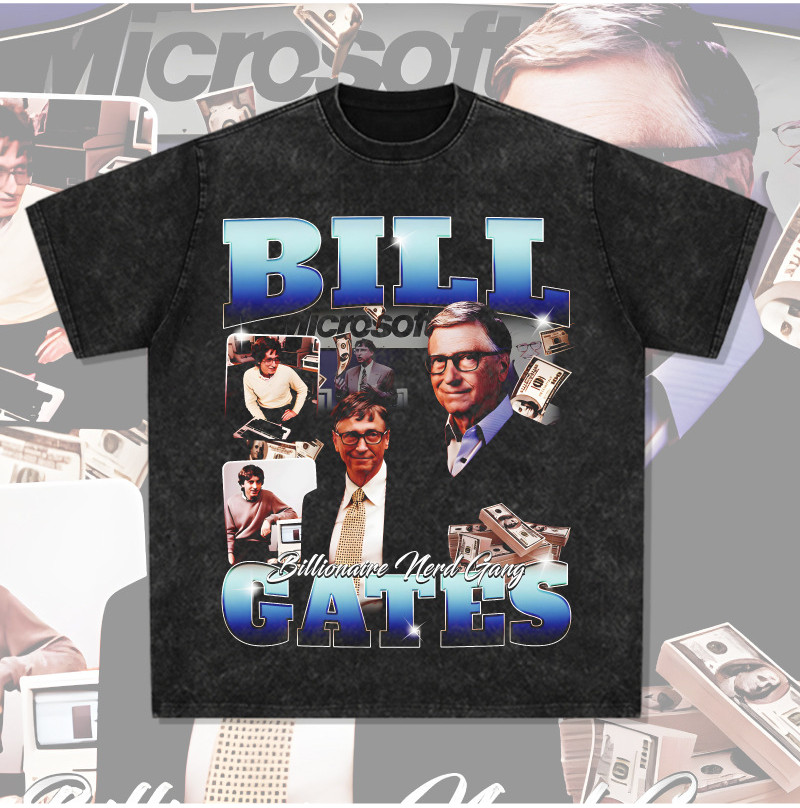 Bill Gates Printed Short T-shirt Vintage Long sleeved Loose and Versatile Small Collar Trendy