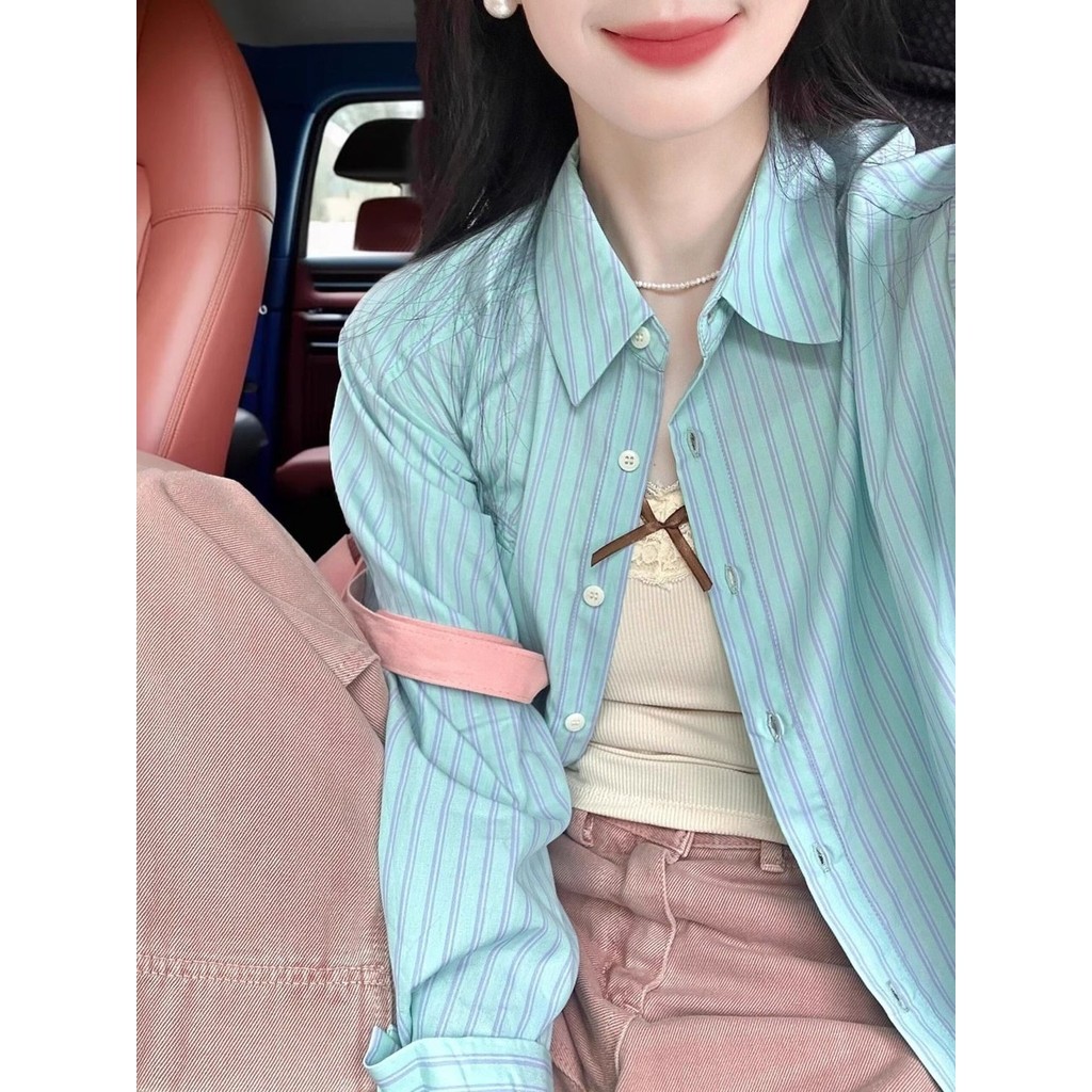 [24h Hair] IU Mint Green Striped Shirt Jacket Women's Autumn Thin Loose Chic Sun Protection Cardigan