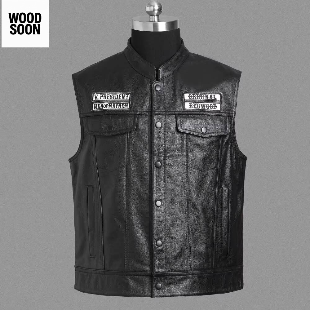 Motor Harley Chaos Sons Sapi Kerah Berdiri Jaket Asli Rompi Kulit Pria