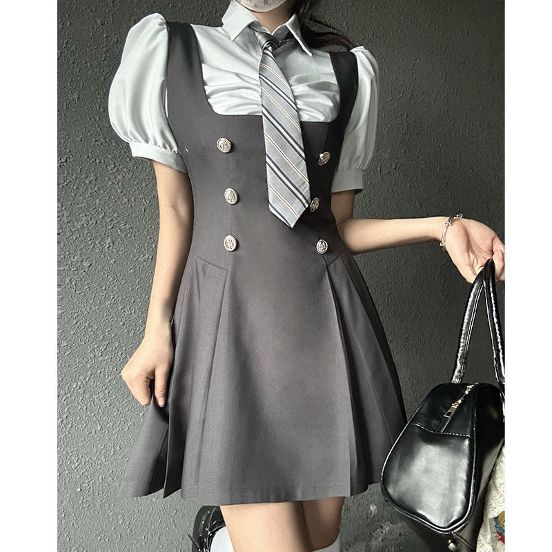 Jk Uniform Blue College Style Slim Waist Shirt American Vest Skirt Uniform Suit