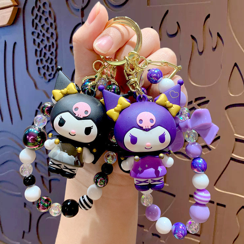 Gantungan Kunci  Kartun Authentic Trio Beaded Bracelet Creative Kuromi Car Bag Keychain Doll Pendant