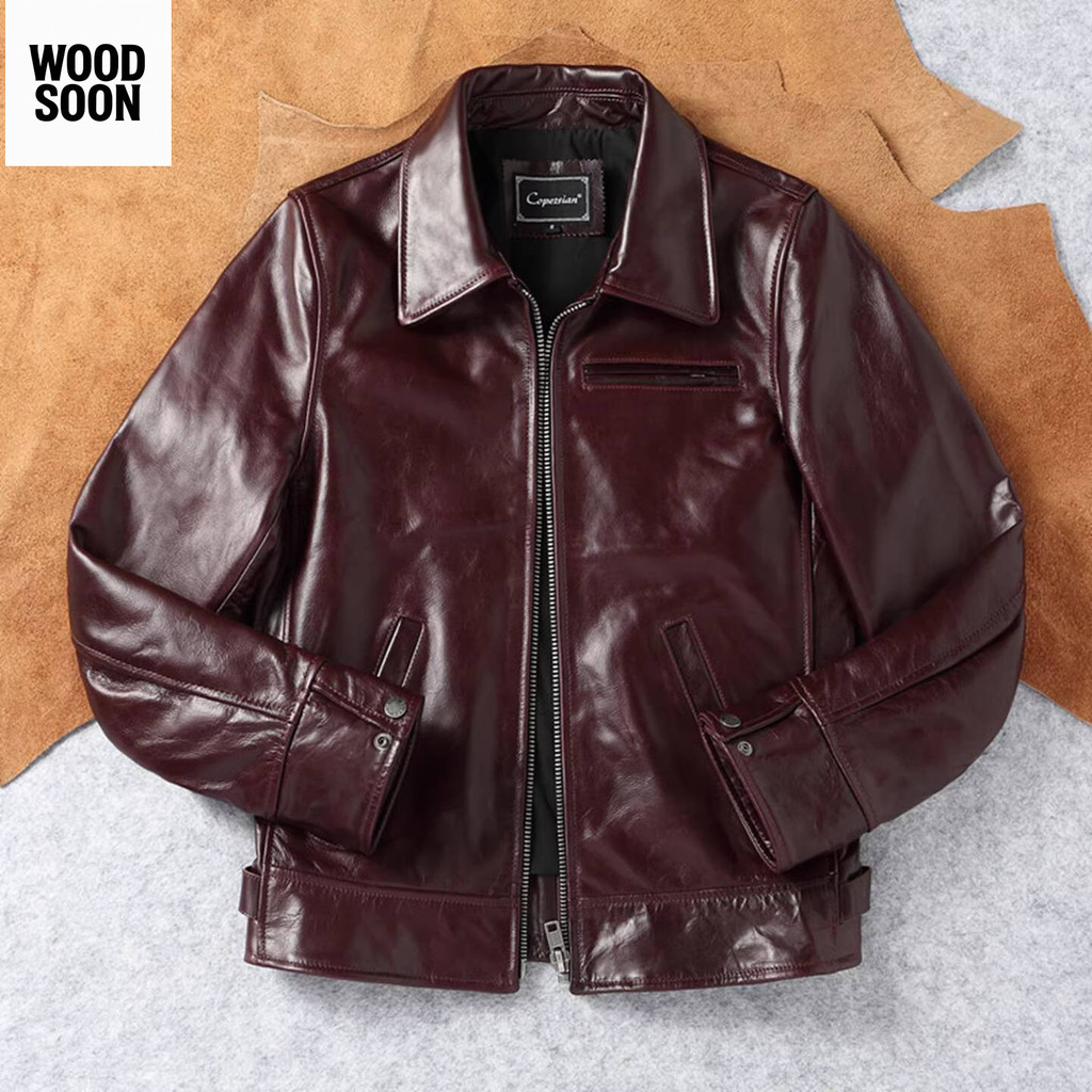 Kulit Asli Lapisan Atas Lilin Minyak Baru Warna Merah Anggur Pria Kerah Pendek Tuxedo Jaket Slim Fit