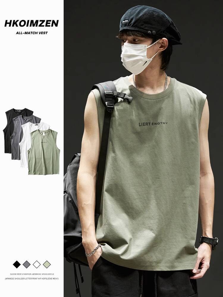 Kaos Tanpa Lengan Katun Murni Atasan Tank Rompi Olahraga Kebugaran Pakaian Luar Musim Panas Pria