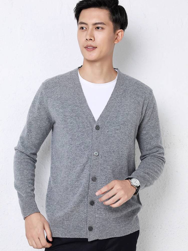Kardigan Rajut Lengan Panjang Pria Lembut Sweater Longgar V-Neck Bisnis Santai Serbaguna Warna Solid