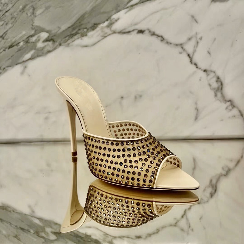 YL/Saint Laurent 24 Musim semi/Musim panas Black Apricot Baru Mesh Water Diamond Back Open Toe Sexy 