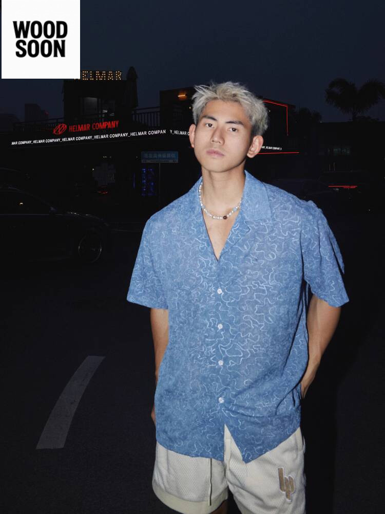 Kemeja Jacquard Bertekstur Gaya Uang Lama Amerika Kerah Kuba Lengan Pendek Longgar untuk Pria dan Wa