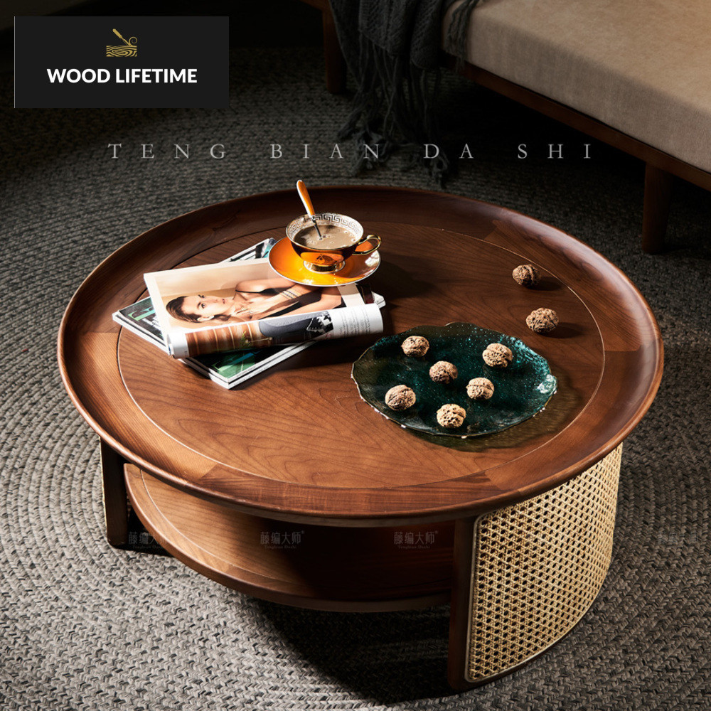 Meja kopi bulat Nordik, gaya Wabi Sabi minimalis modern Jepang, kayu yang asli Ratan berdiri bulat, 
