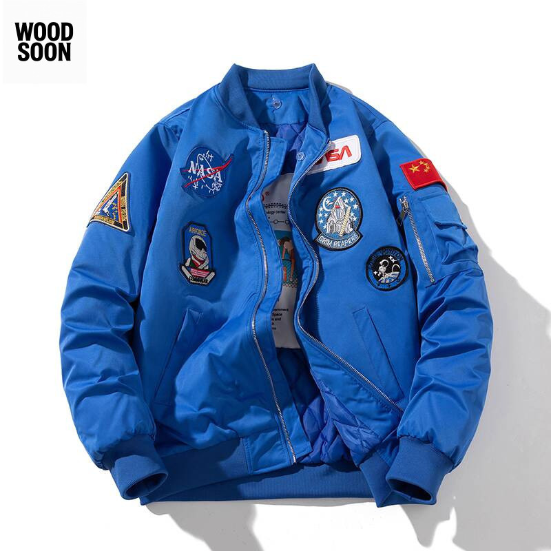 Astronot NASA Pria Musim Dingin Tebal Trendy Merek Mahasiswa Longgar Unisex Pasangan Jaket Bomber Sa
