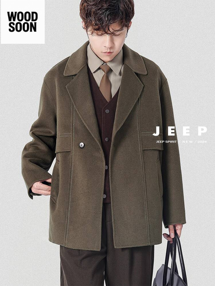 Wol Pria Jeep Kerah Jas Mewah Dua Sisi dengan Jahitan Terbuka Gaya Korea Draped Jaket Musim Dingin K