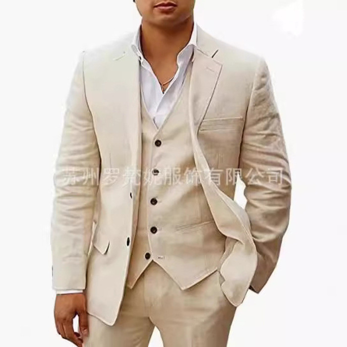 Setelan Jas Pria  Pakaian bisnis linen biasa laki-laki enam potong set pakaian pernikahan pengantin 