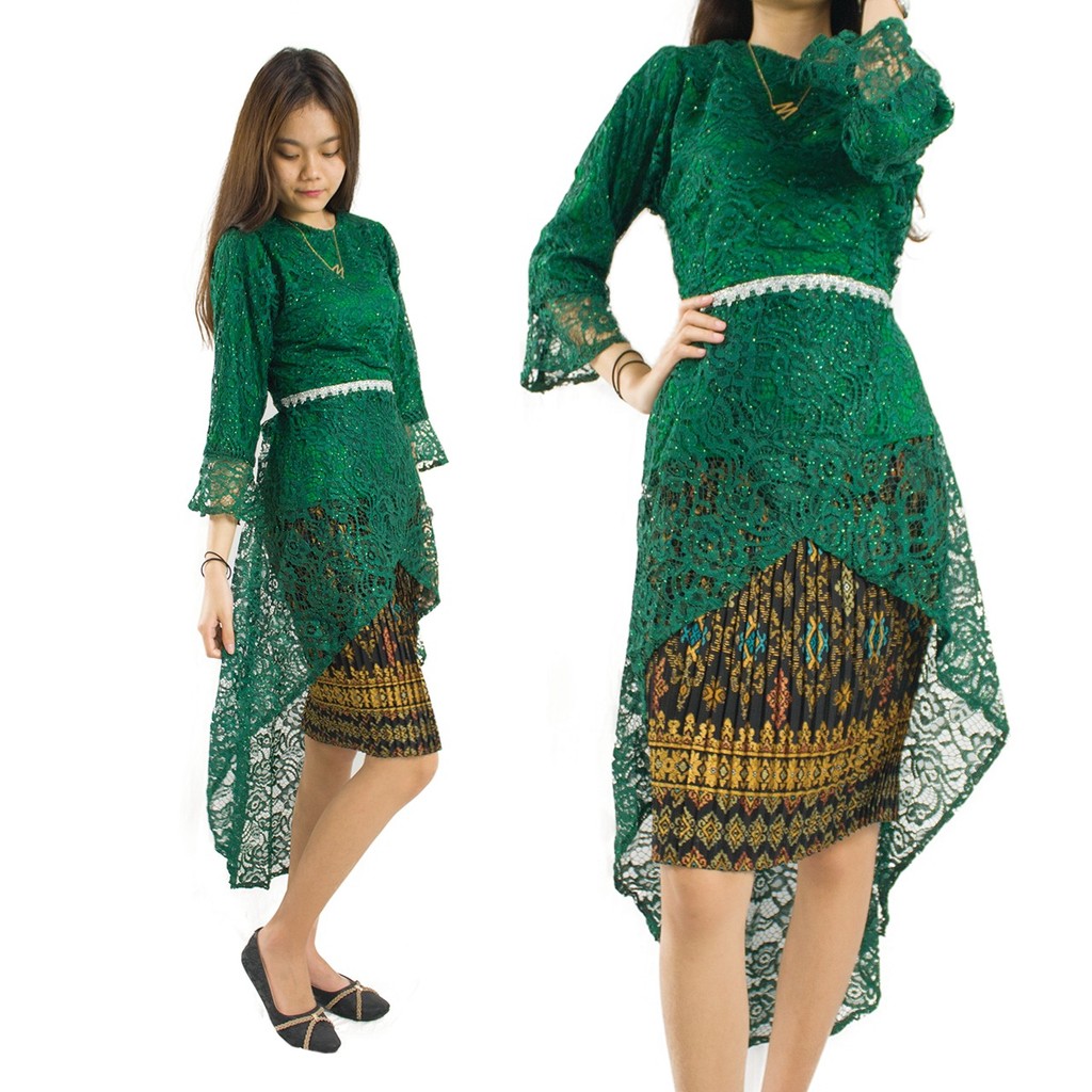 Stelan Kebaya Karin Blouse Pita Brukat Dan Rok Midi Plisket Jumbo Batik Wanita Merah Biru Hijau MN