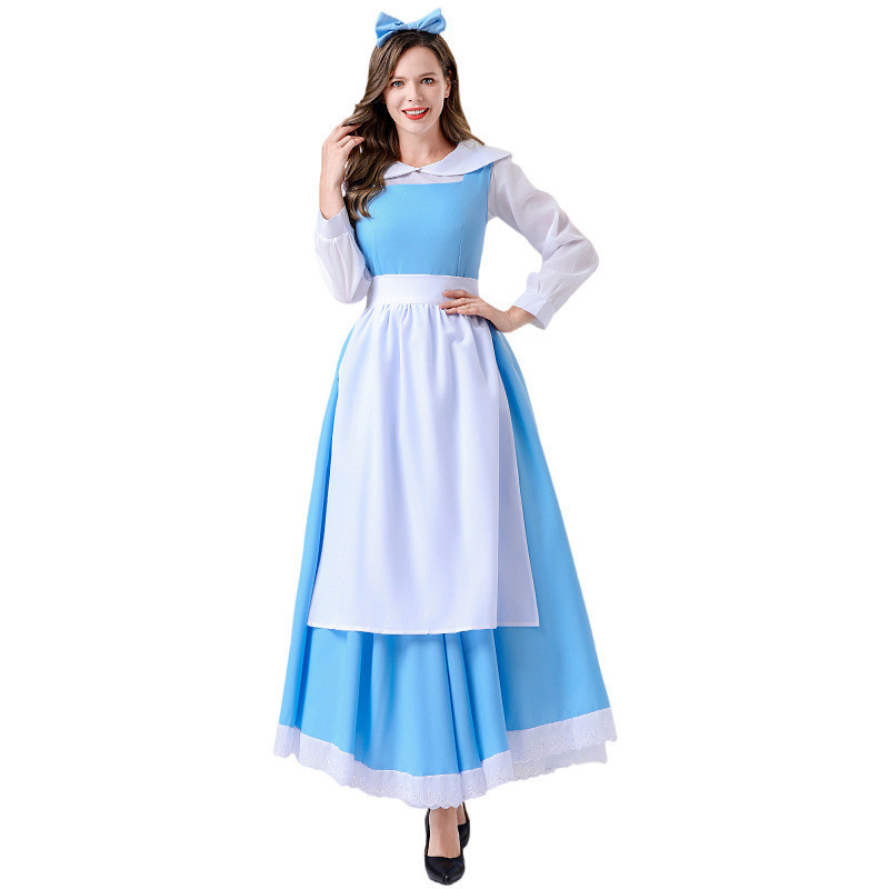 Beauty and Beast Blue Cosplay Maid Costume Bell Putri Pakaian Halloween Panjang