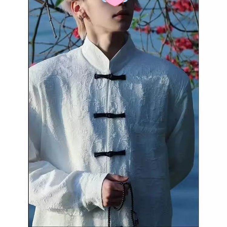 Kemeja Pria  Pakaian baru dengan kaos bunga Cina, Republik Cina musim panas, pakaian pria gaya Zhong