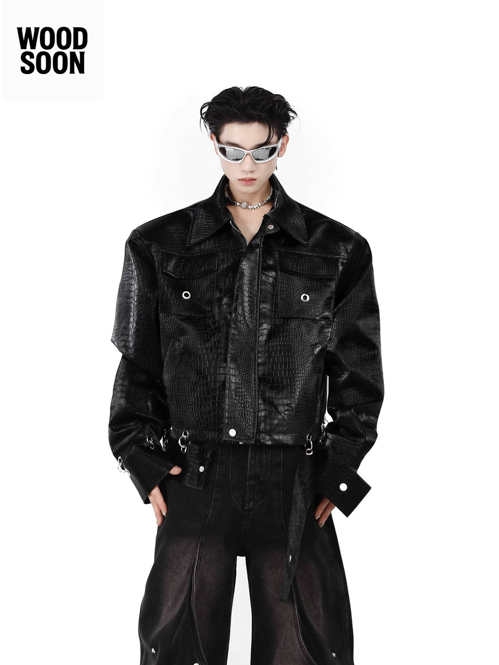 Jaket Kulit PU Pola Buaya Empuk dengan Desain Patchwork, Mantel Sense High-end untuk Pria