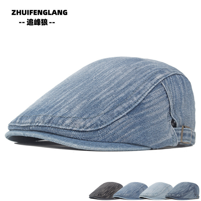 Topi Baret Denim untuk Pria dan Wanita Fashion Inggris Duckbill Dicuci Santai Depan Sederhana Topi N