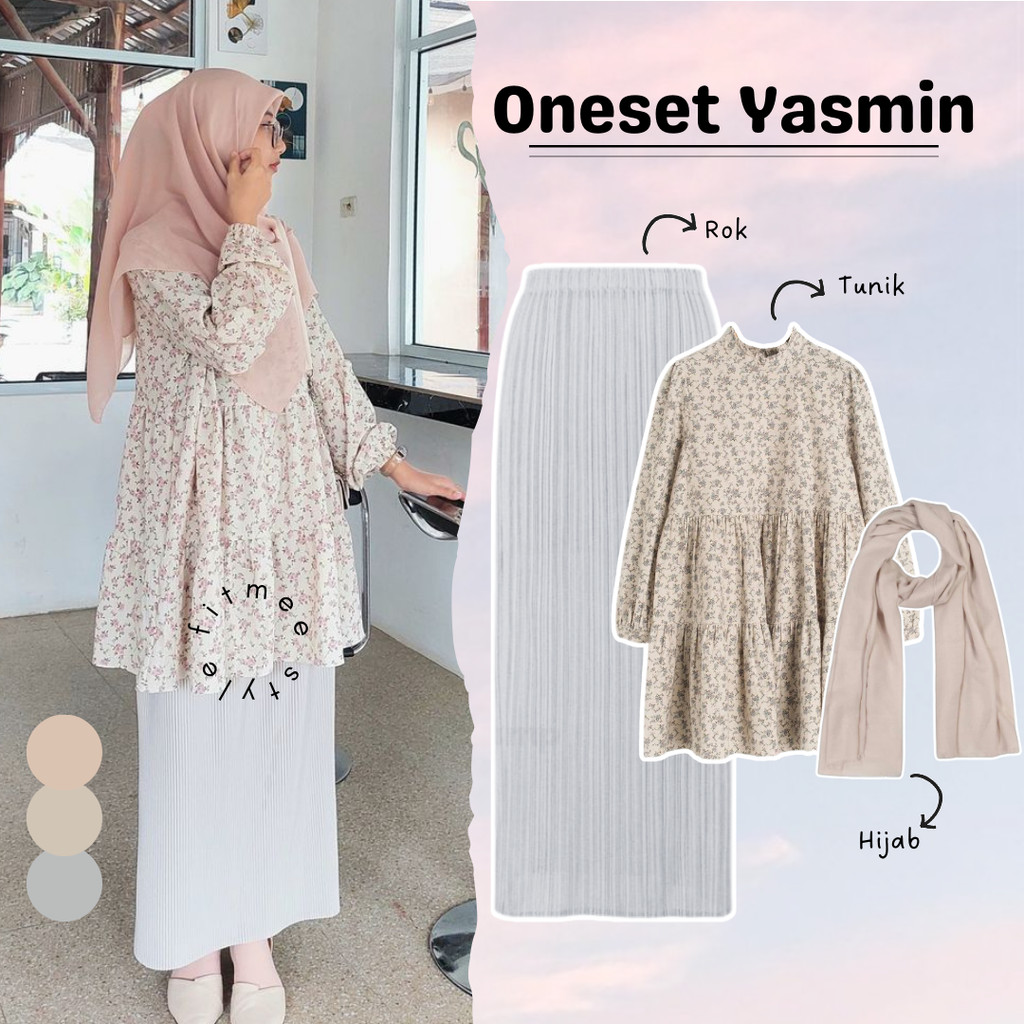 Yasmin Outfit Set 3in1 Wanita ( Atasan Blouse Tunik Ruffle + Rok Plisket Lidi + Hijab Square ) Sete