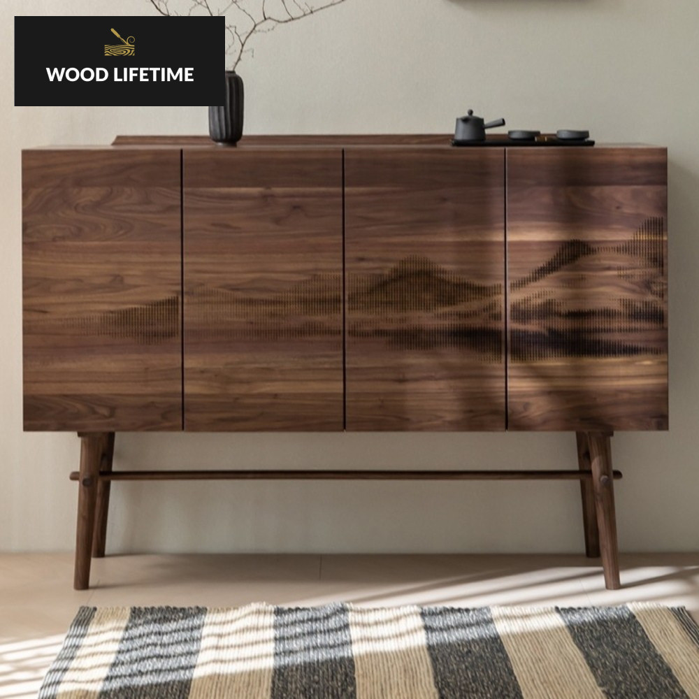 makan Nordic penyimpanan hitam kayu kacang solid anggur wabi sabi angin sisi foyer kabinet panjang K