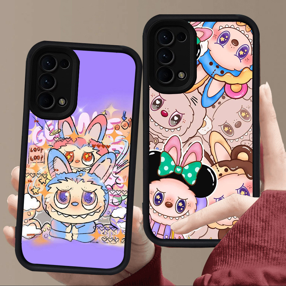 E63 Cute Pink Labubu Casing untuk Silikon Hitam OPPO A55 Reno 6 A16s A16 A54S A95 A92 4 A72 A94 A52 