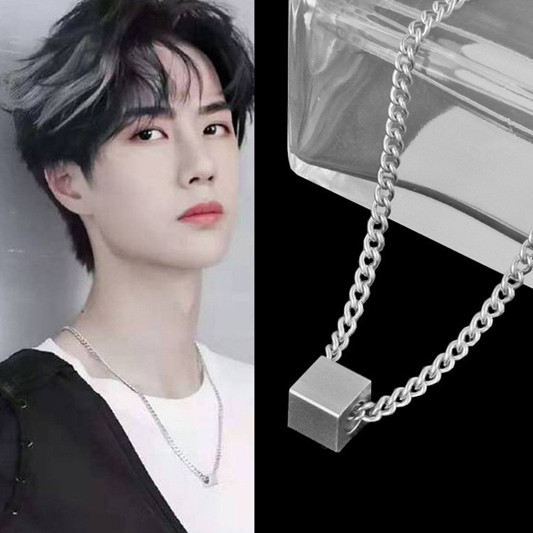 Kalung Baja Titanium Persegi Gaya Yang Sama Wang Yibo Kepribadian Jepang dan Korea Serbaguna Harajuk