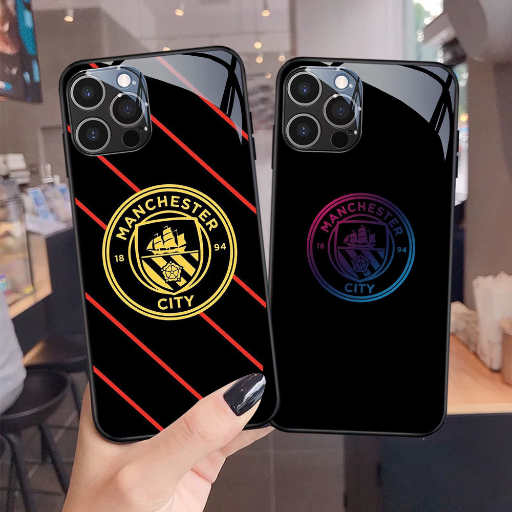 NC-55 Man City Kaca Glass Case untuk iPhone 15 14 Plus Pro Max