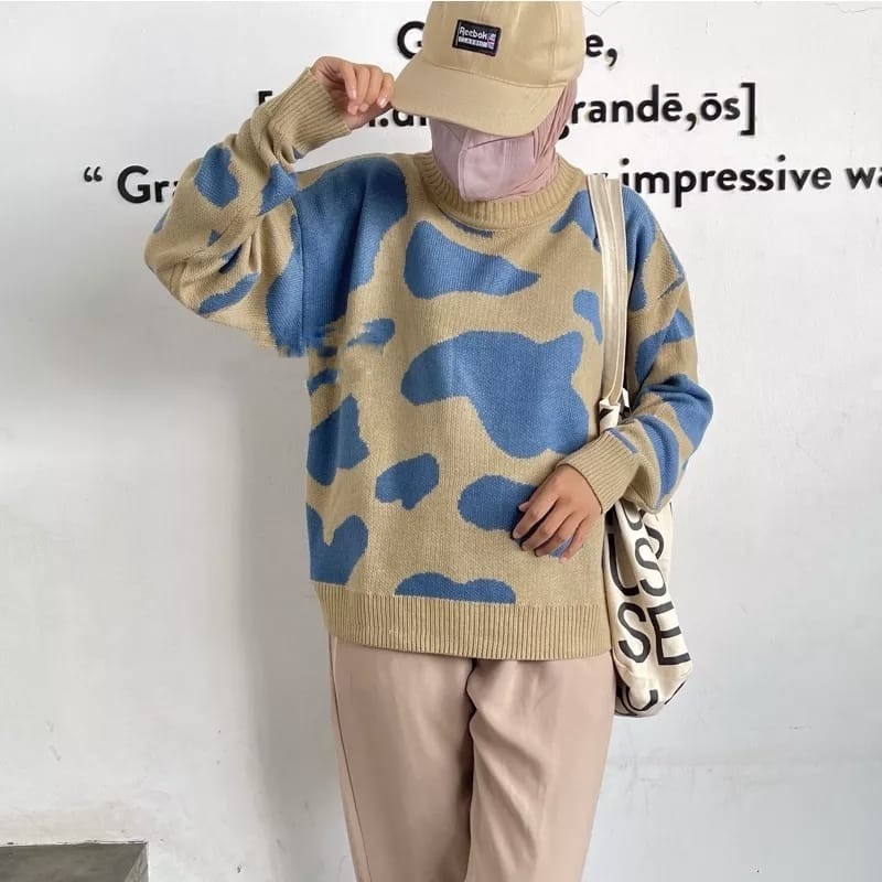 mlvr-Fashion wanita trendy Sweater Knit Rajut Premium Atasan Blouse Wanita Motif Sapi Momo F