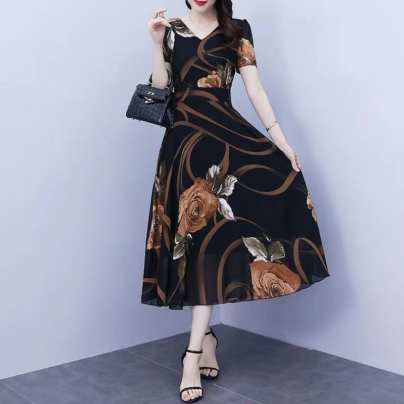 Dress sifon hitam motif bunga ala korea/Maxi Dress Y