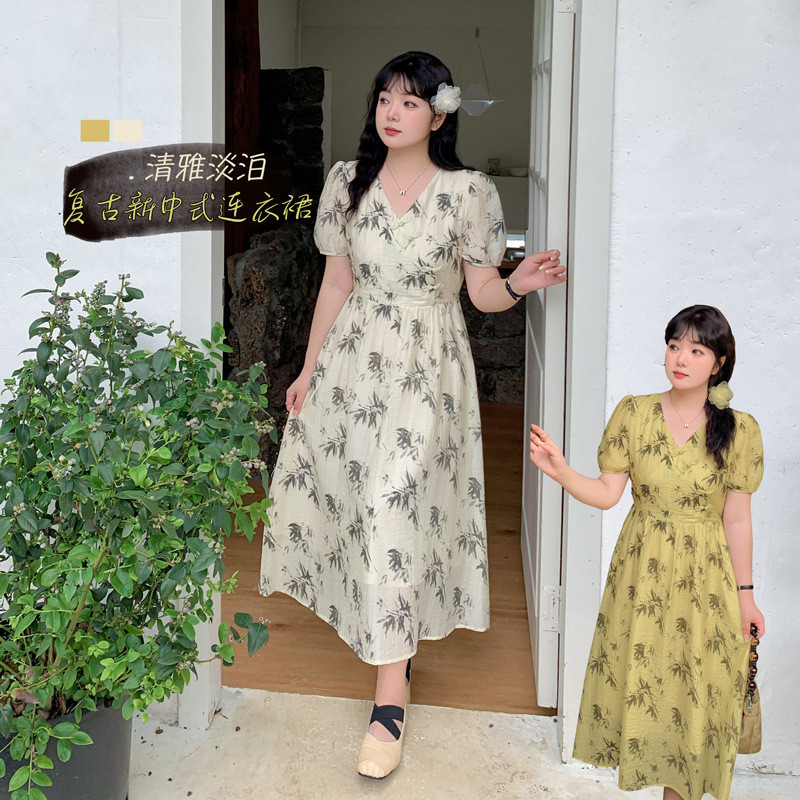 K2749 Large Women's 2024 Summer New Chinese Style V-neck Printed Fat Sister Dress