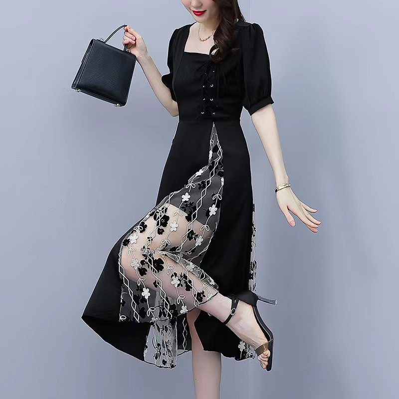 LKK Gaun hitam lengan panjang leher persegi gaya Korea baru/dress bunga korea/dress hitam korea J