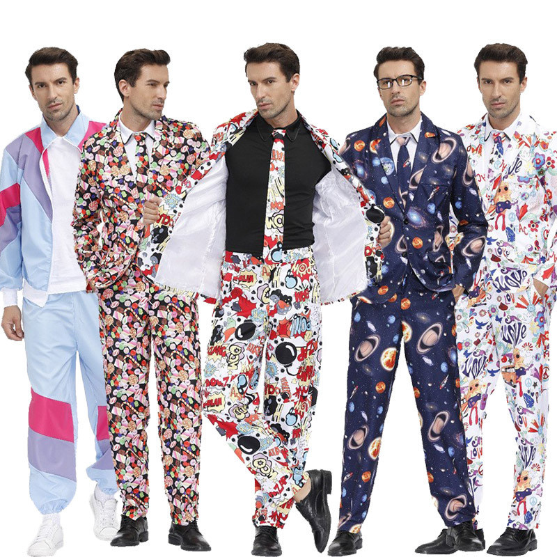 Baju Dance Hip Hop Setelan Pria Cetak Gaya Hip-Hop Disko Halloween Cosplay Berkualitas Tinggi untuk 