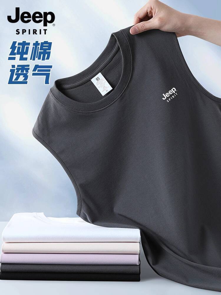 Musim Panas Jeep Pria Katun Murni Longgar Pakaian Luar Rompi 2025 Baru Olahraga Kebugaran Kaos Tanpa