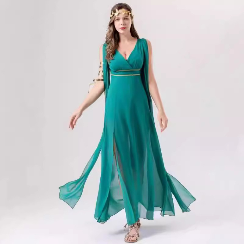 Baju Edisi Natal  Dewi dewasa Halloween kosplay kostum karnaval Natal pesta chiffon hijau gaun panja