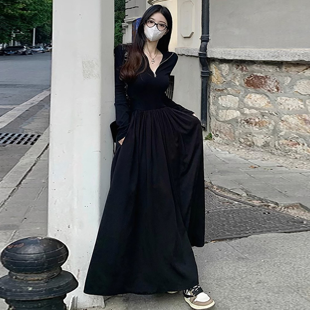 Dress korean style wanita hitam V-neck long dress crinkle kekinian fashion melar Dress  Muslim Z