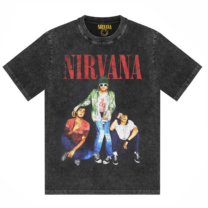 NIRVANA Nirvana Band American Oversized Washed Wax Printing Vintage Direct Spray T-shirt dicetak