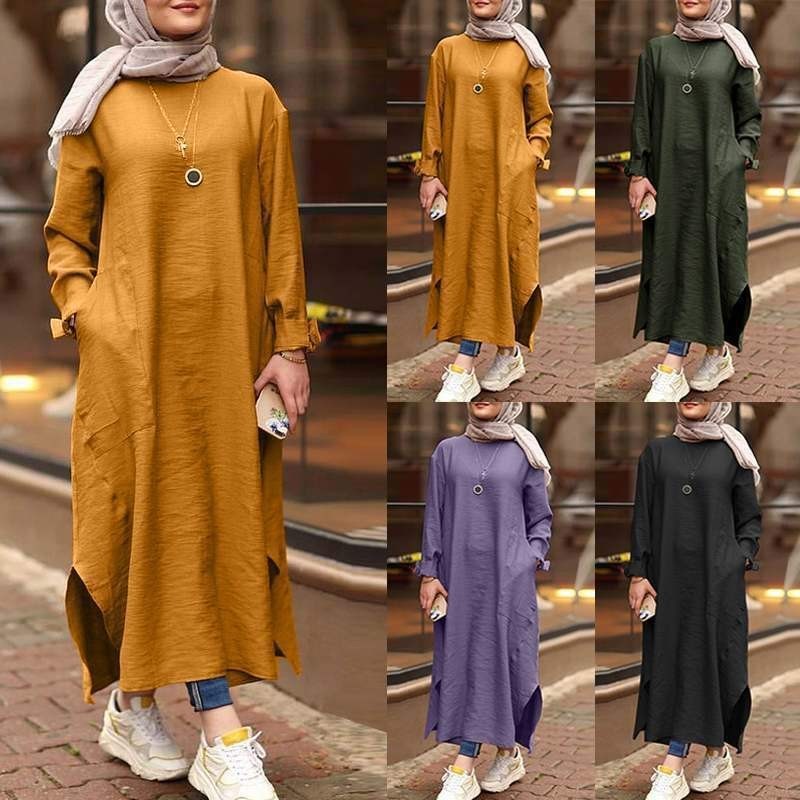 Wanita Muslim Cina baru multi-warna lengan panjang baju saku pakaian biasa