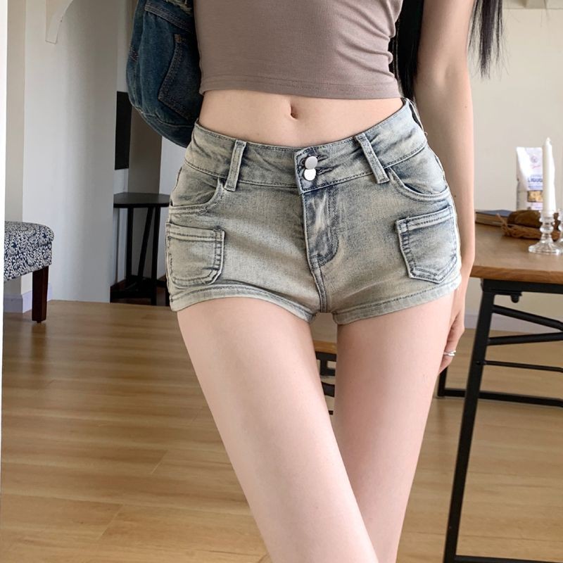 American Hot Girl Low Waist Denim Shorts Women's Summer Slim Fit Hot Pants Retro Light Color Straigh