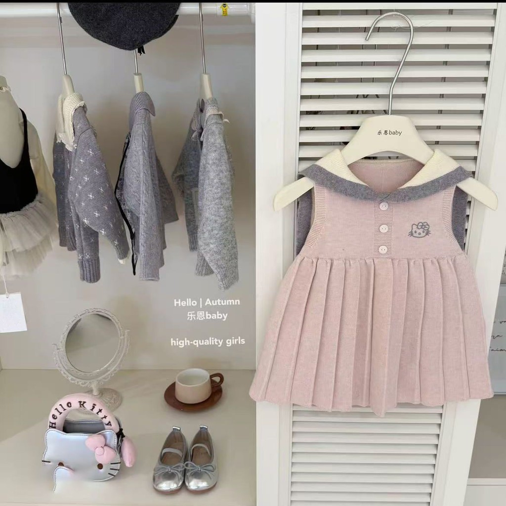 Girls Autumn Academy Style Dress Rajutan 2025 Anak Baru Bayi Kerah Kerah Warna Blok Sweater Vest Rok