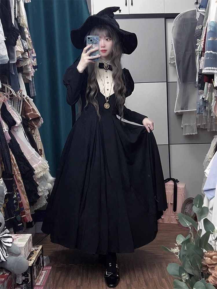 Halloween Gothic Dark Style Lolita Sister Black Long Waist Puff Sleeve Lolita Dress Autumn And Winte