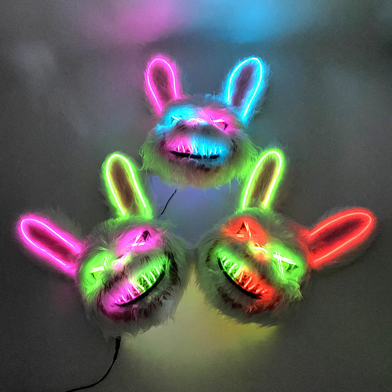 Topeng Wajah Mask  2024 Halloween New Mixed Color Double Cross eyes Cute Rabbit LED Luminous Mask Fu