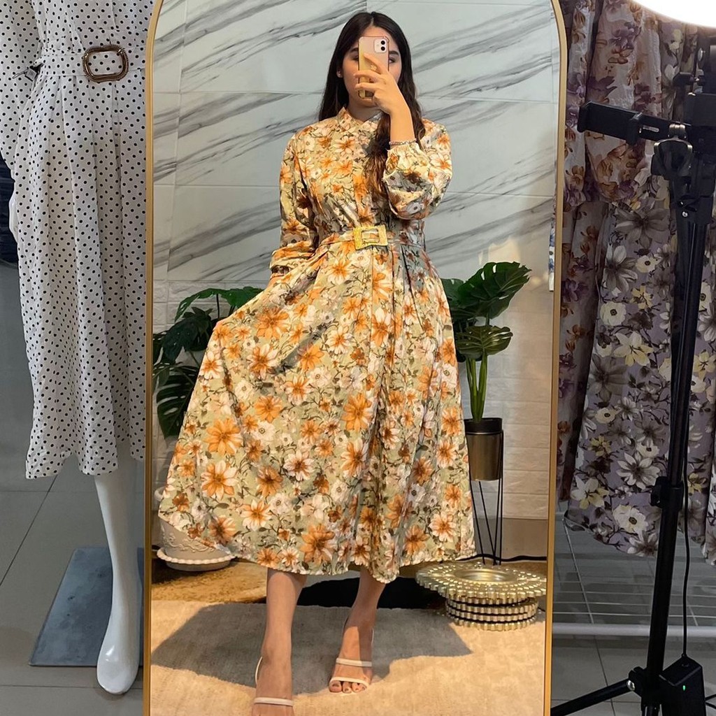 MIDI DRESS CRINKLE MOTIF BUNGA / LONG TUNIK TERBARU / MIDI DRESS VIRAL 2024 / DRESS BUNGA WANITA LA