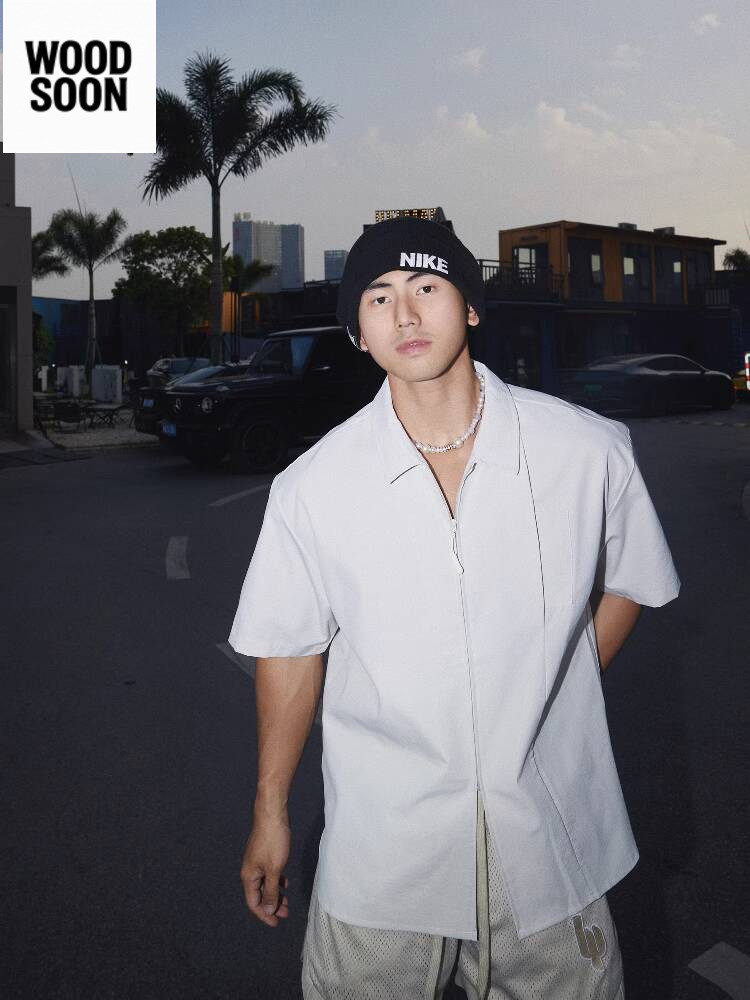 PAPASLILMONSTER Lengan Pendek Amerika Pria Gaya Uang Lama Kemeja Santai Tren Ins Warna Solid Atasan 