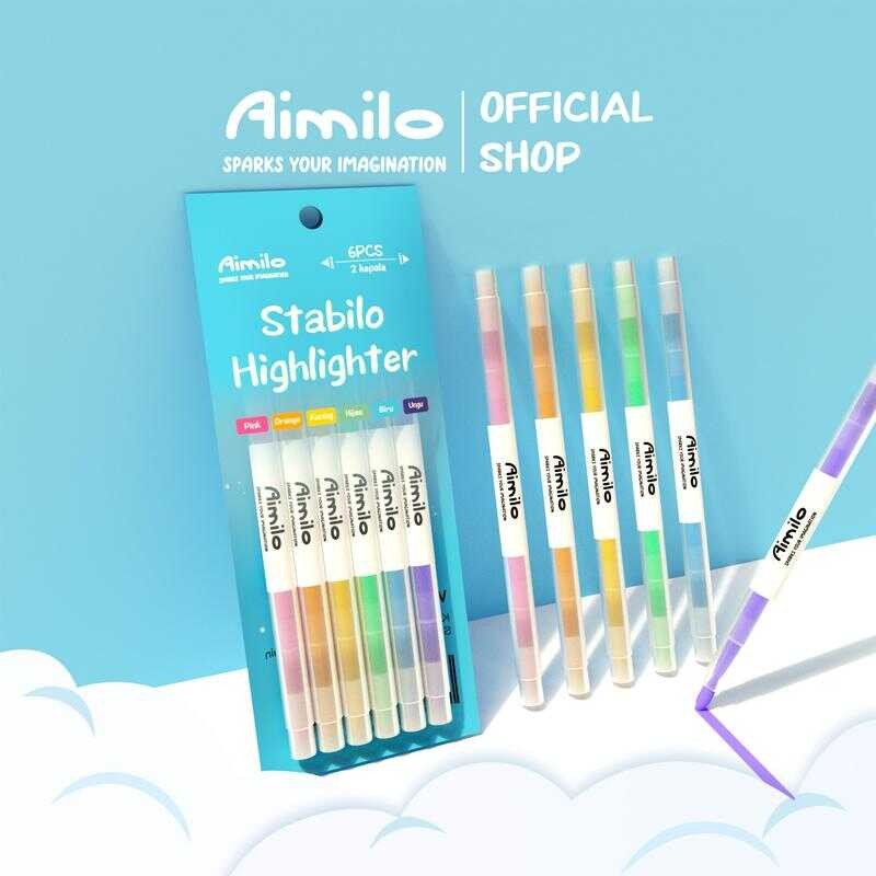 

[READY] Aimilo Panjang Arah Stabilo WARNA WARNI 2 Sisi 6 pcs / Highlighter Warna Warni Alat Biru Kuning Pink Plastik
