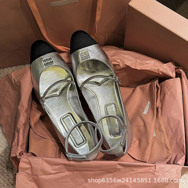Sandal Sepatu Mewah  Miu's Mary Jane Women's 24 New Silver Kitten Heel Ballet Round Head Color block