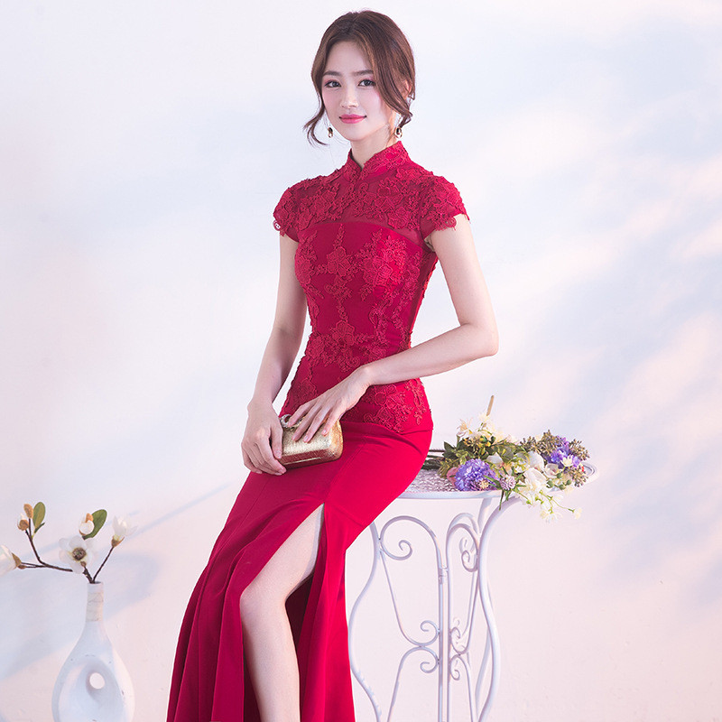 2024 musim panas sexy panjang yang cocok ekor ikan Cheongsam malam pernikahan Cina gaun roti merah u