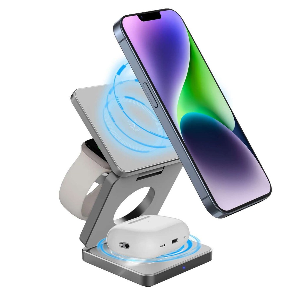 1 3 Stasiun Pengisian Nirkabel Magnetik Lipat untuk iPhone 15 14 13 12 Pro Max Watch 8 9